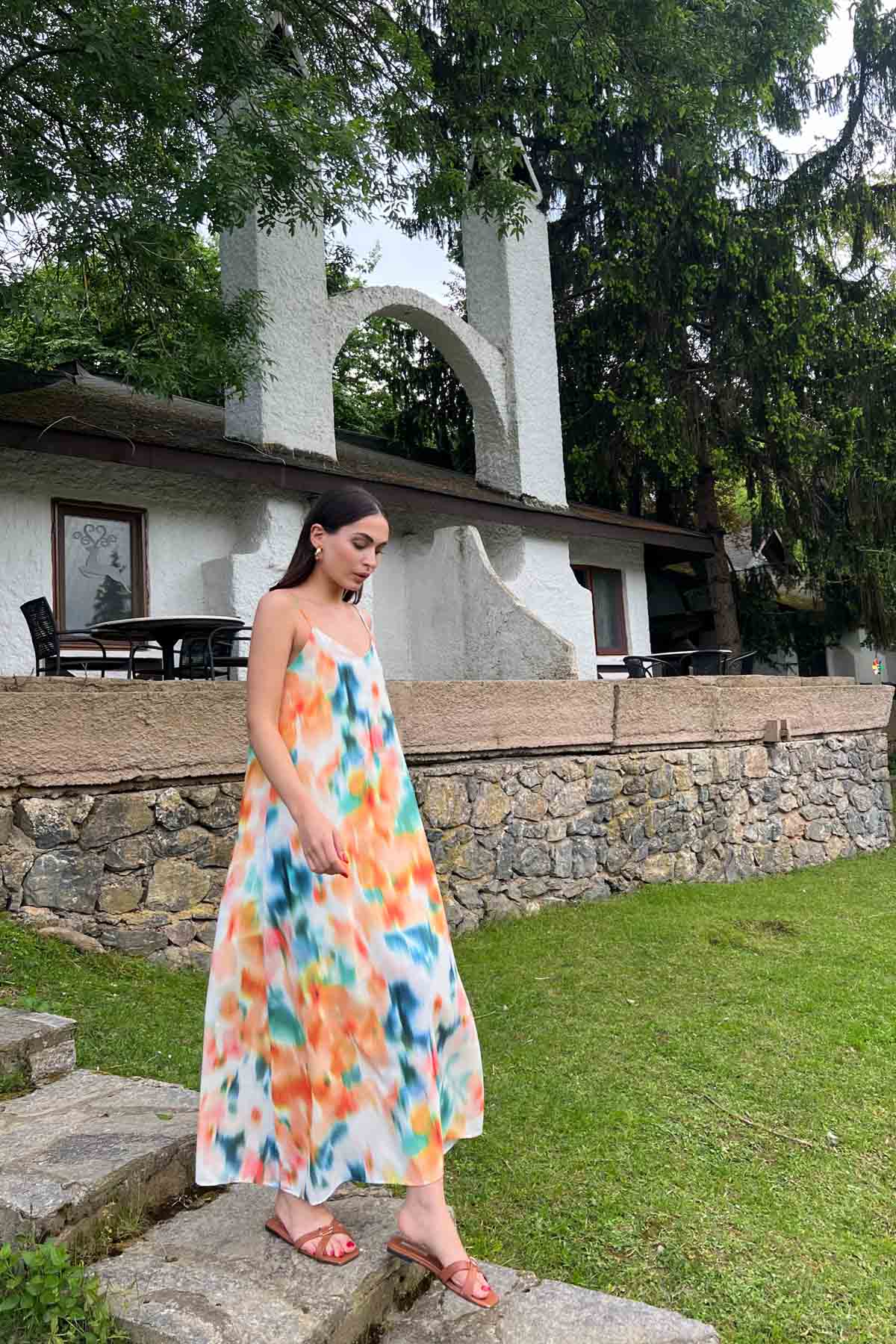 Turuncu Çok Renkli Desenli İp Askılı Keten Elbise SY-2020-Turuncu