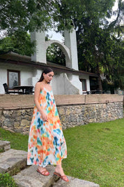 Turuncu Çok Renkli Desenli İp Askılı Keten Elbise SY-2020-Turuncu