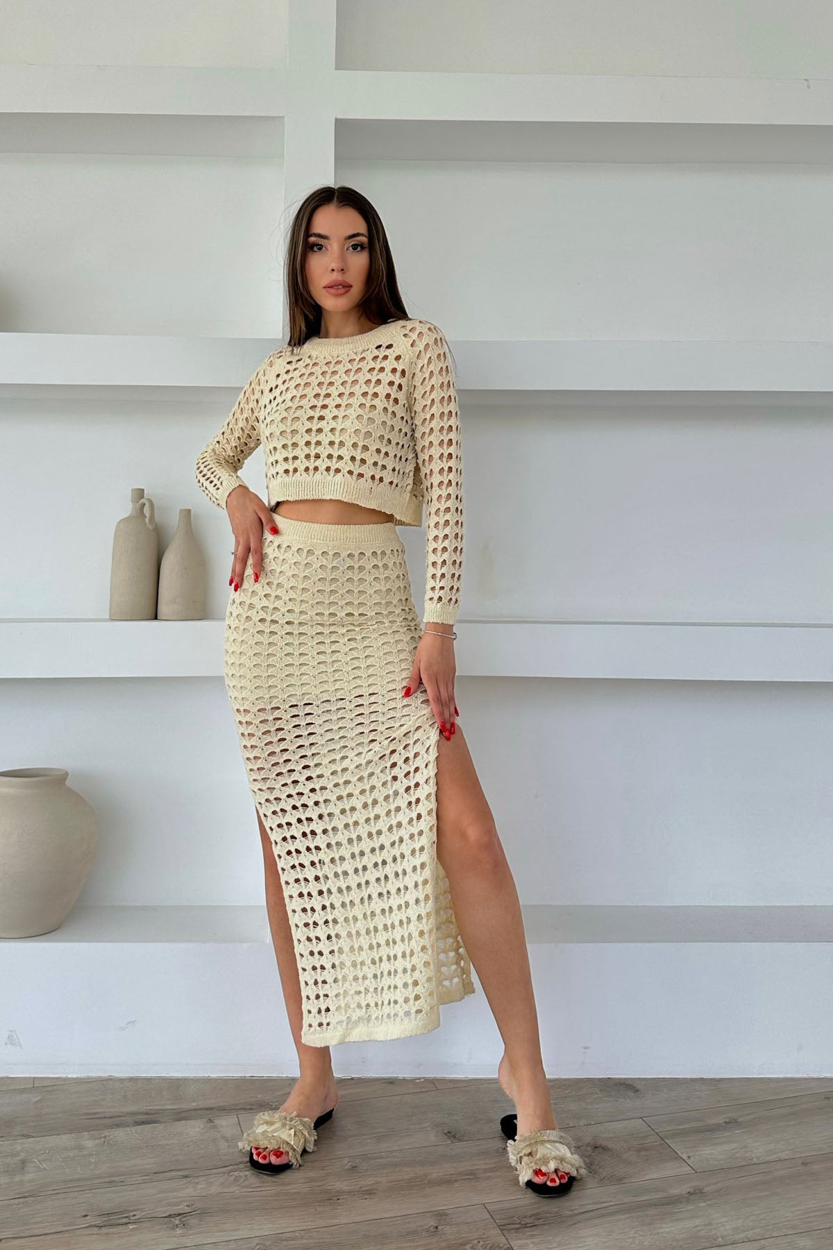 Krem Delikli Triko Bluz ve Etek Takım SY-0482-Krem