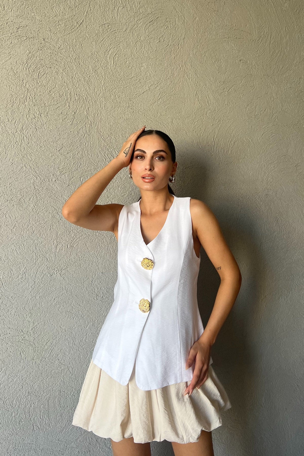 Beyaz Büyük Düğmeli Yelek SY-2354-Beyaz