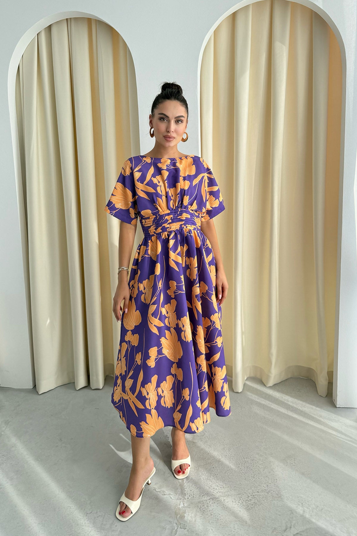 Turuncu Desenli Prenses Kalıp Midi Elbise SY-3294-Turuncu