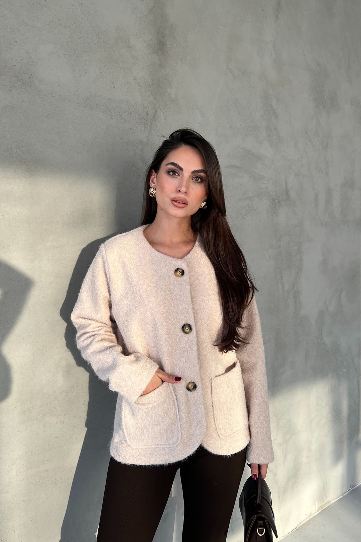 Bej Düğmeli Sakallı Kaşe Ceket SY-2731-Bej