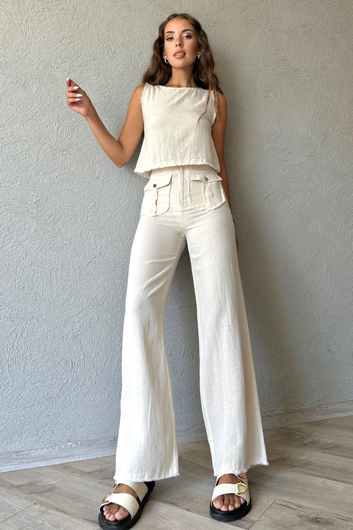 Naturel Keten Dokulu Bluz Pantolon Takım SY-0883- Naturel