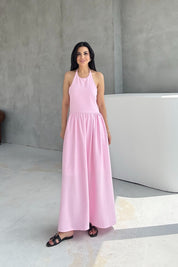 Pembe Arkası Gipeli Boyundan Bağlamalı Elbise SY-3236-Pembe