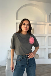 Antrasit Bisiklet Yaka Gül Detaylı T-shirt SY-1567-Antrasit