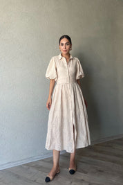 Bej Balon Kol Pile Detaylı Kemerli Brode Elbise SY-2084-Bej