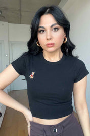 Siyah Ayıcık Nakışlı Crop SY-2971-Siyah