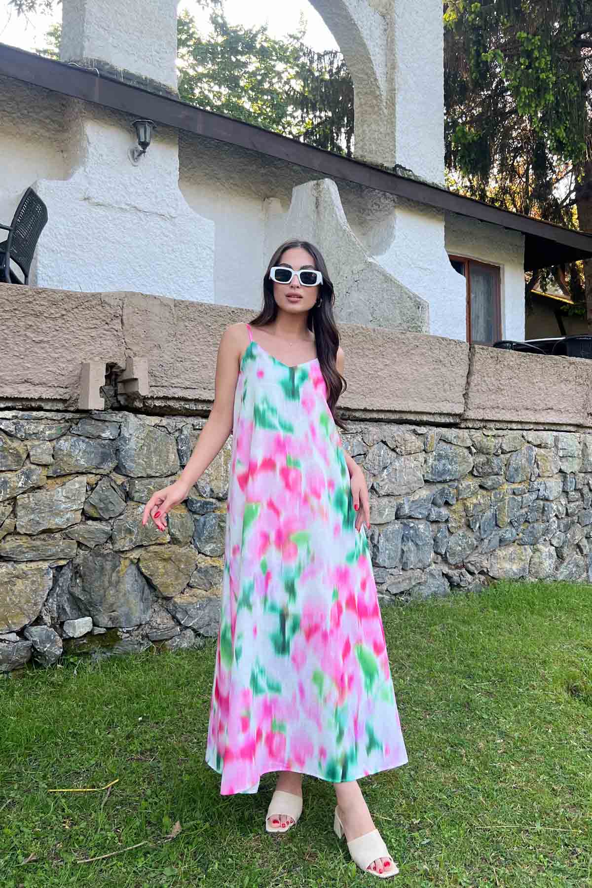 Pembe Çok Renkli Desenli İp Askılı Keten Elbise SY-2020-Pembe