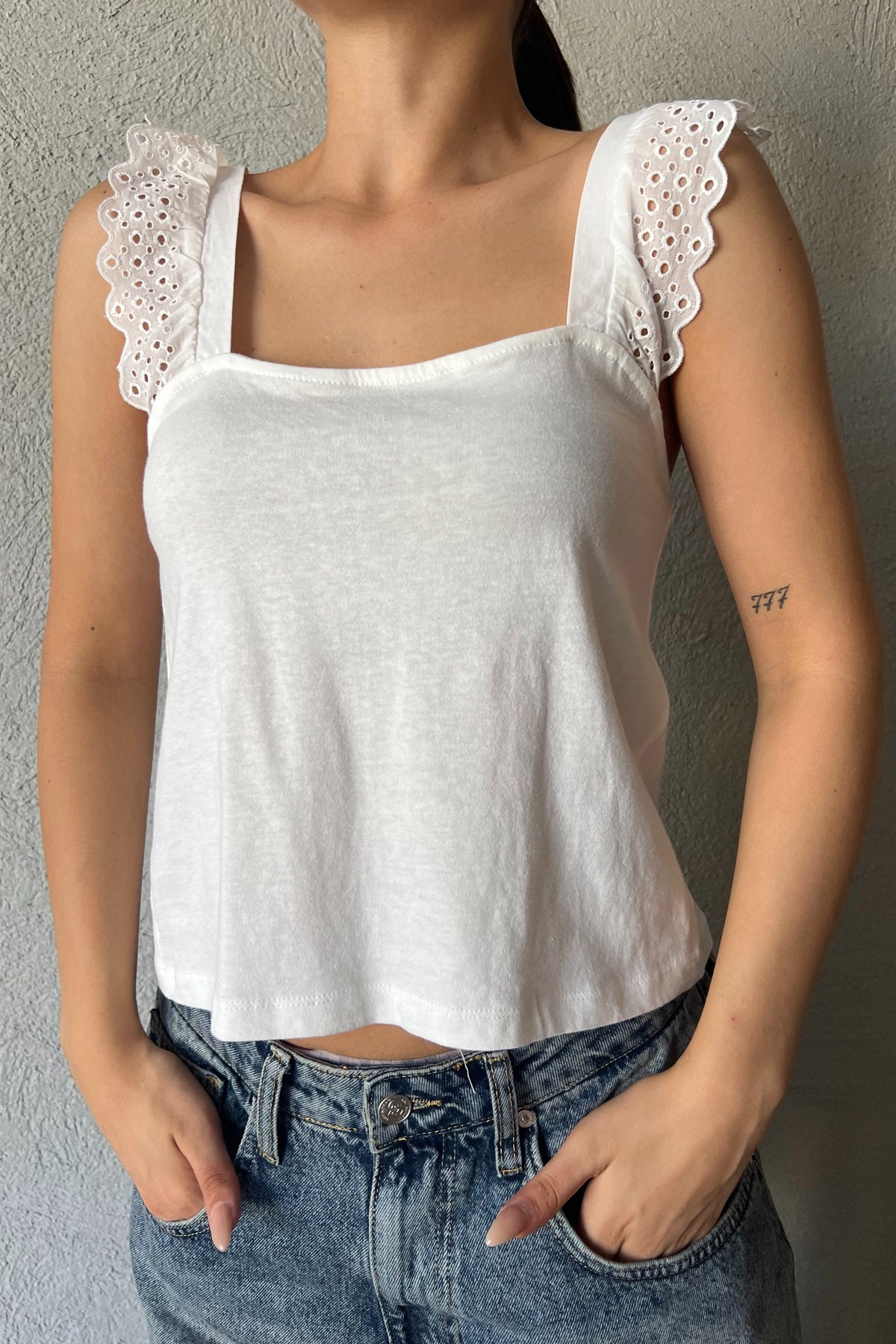 Ekru Fisto Askı Detaylı Crop SY-1961-Ekru