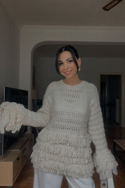 Ekru Örme Triko Püsküllü Kazak SY-2748-Ekru