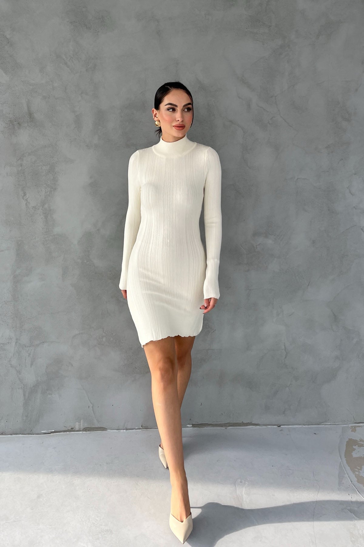 Krem Fitilli Yarım Balıkçı Yaka Triko Elbise SY-2626-Krem