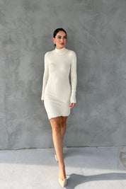 Krem Fitilli Yarım Balıkçı Yaka Triko Elbise SY-2626-Krem