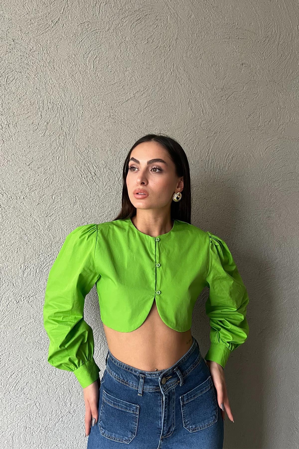 Yeşil Düğme Detaylı Crop Gömlek SY-1856-Yeşil