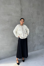 Ekru Siyah Çizgili Cepli Simli Hırka SY-2452-Ekru