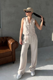 Taş Cep Detaylı Yelek Palazzo Pantolon Takım SY-2468-Taş