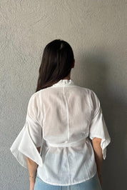 Beyaz Pens Detaylı Vual Kumaş Gömlek (Kemersiz) SY-2850-Beyaz