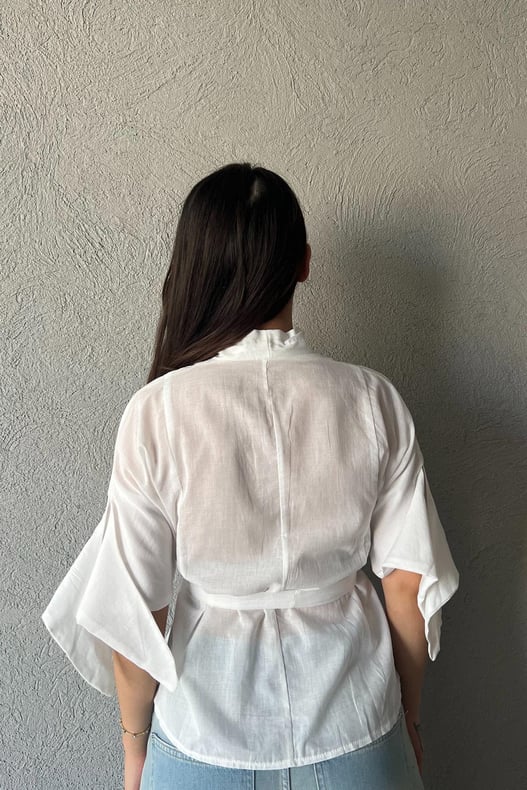 Beyaz Pens Detaylı Vual Kumaş Gömlek (Kemersiz) SY-2850-Beyaz