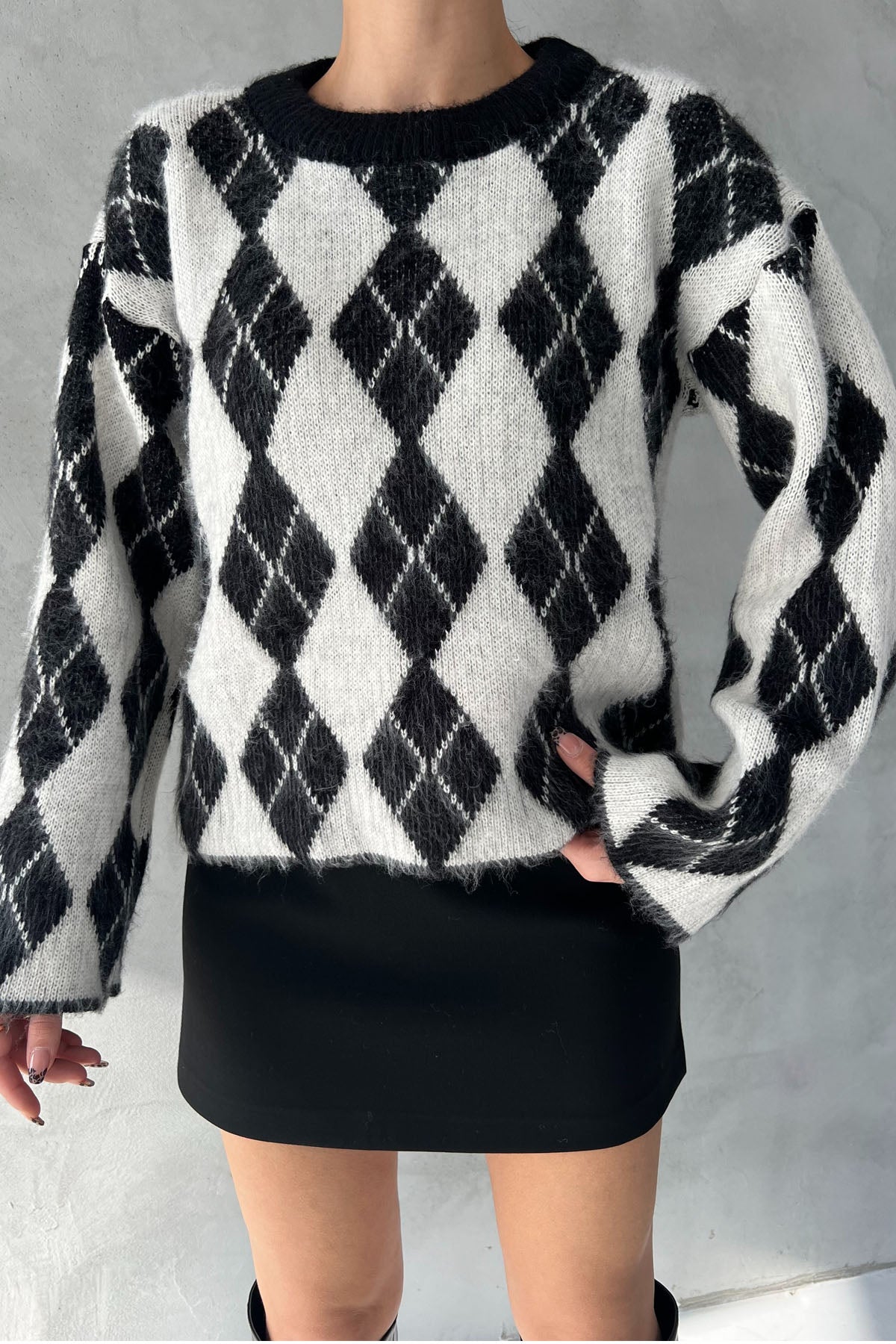 Siyah Baklava Desen Kısa Triko Kazak SY-2793-Siyah