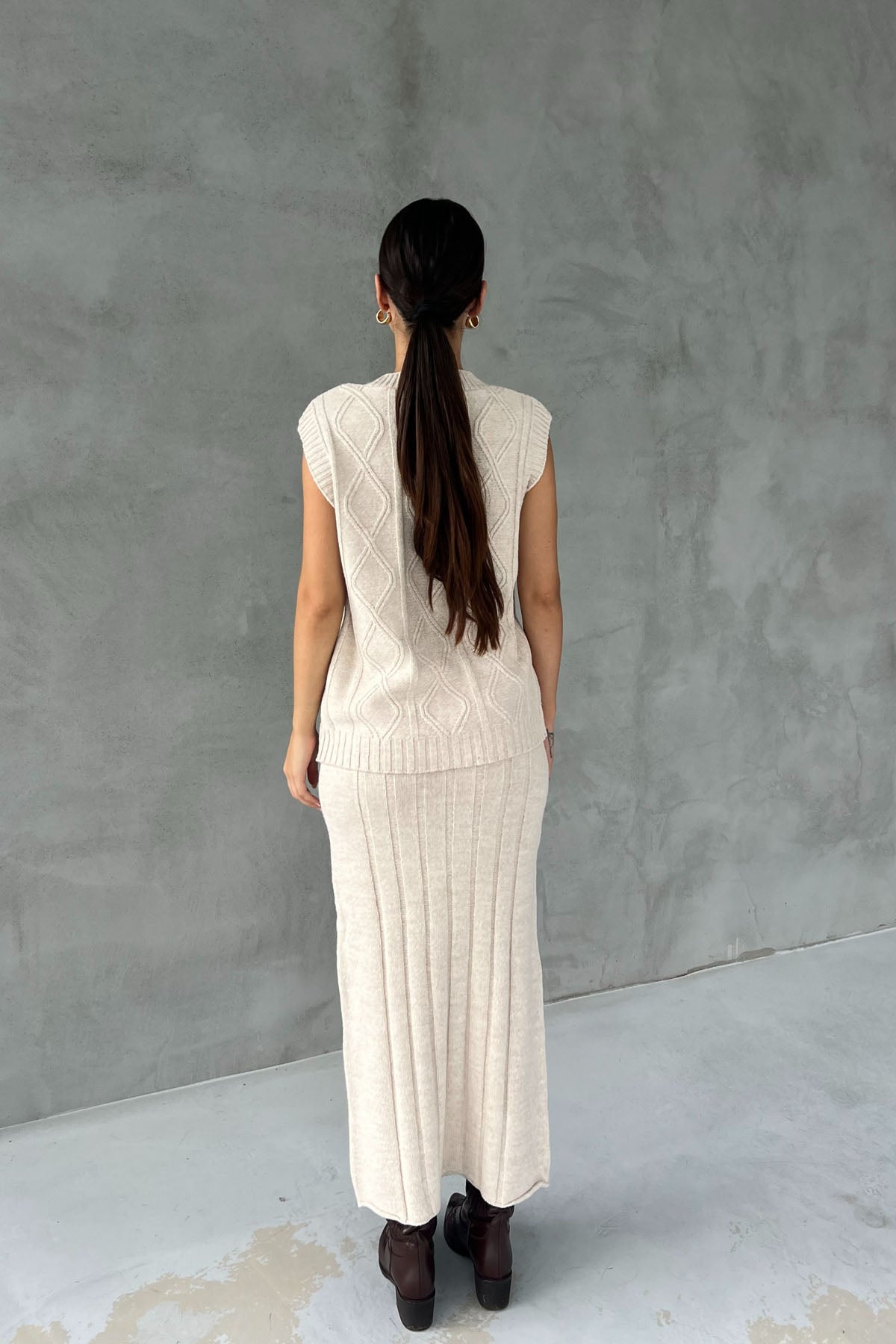 Bej Düğmeli Yelek Çan Etek Triko Takım SY-2492-Bej