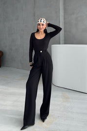 Siyah Gold Düğme Detaylı Palazzo Pantolon SY-3424-Siyah