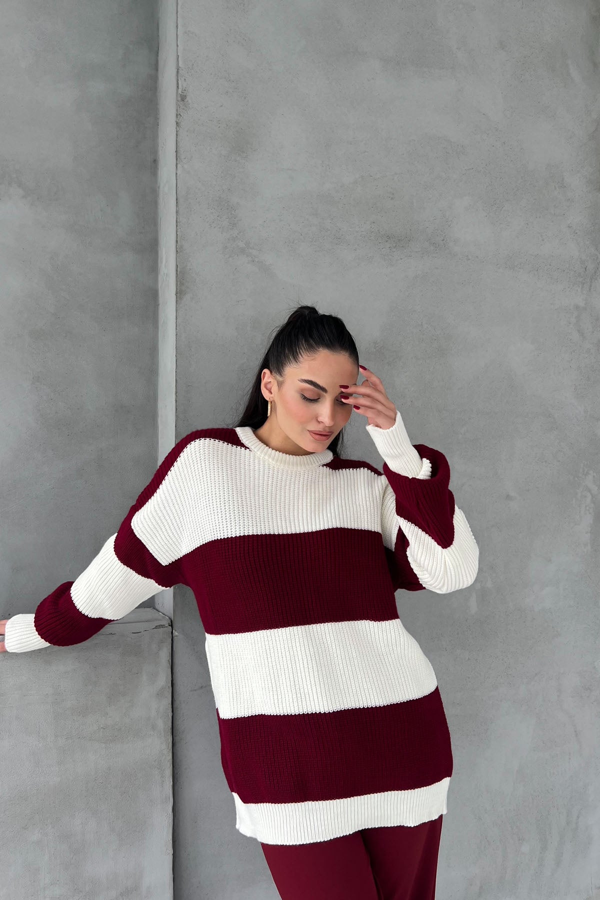 Bordo Penida Blok Renkli Oversize Kazak SY-2647-Bordo