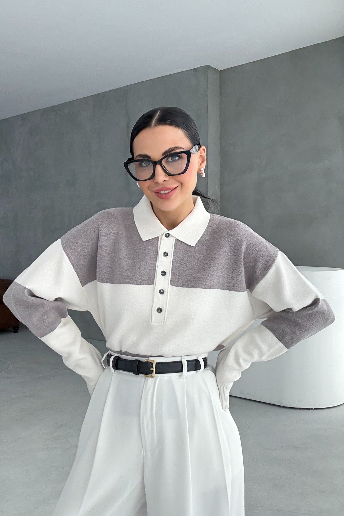 Gri Çizgili Polo Yaka Kazak SY-3439-Gri