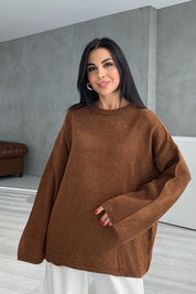 Kahve Bisiklet Yaka Oversize Pinterest Triko Kazak SY-3343-Kahve