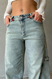 Yeşil Eskitme Süper Wide Leg Cep Detaylı Jean SY-1652-Yeşil