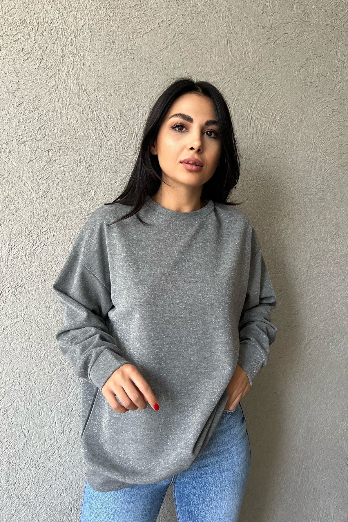 Gri Simli Bisiklet Yaka Sweat SY-1211-Gri