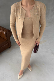 Bej Triko Önü Taş Detaylı Üçlü Takım SY-2433-Taş