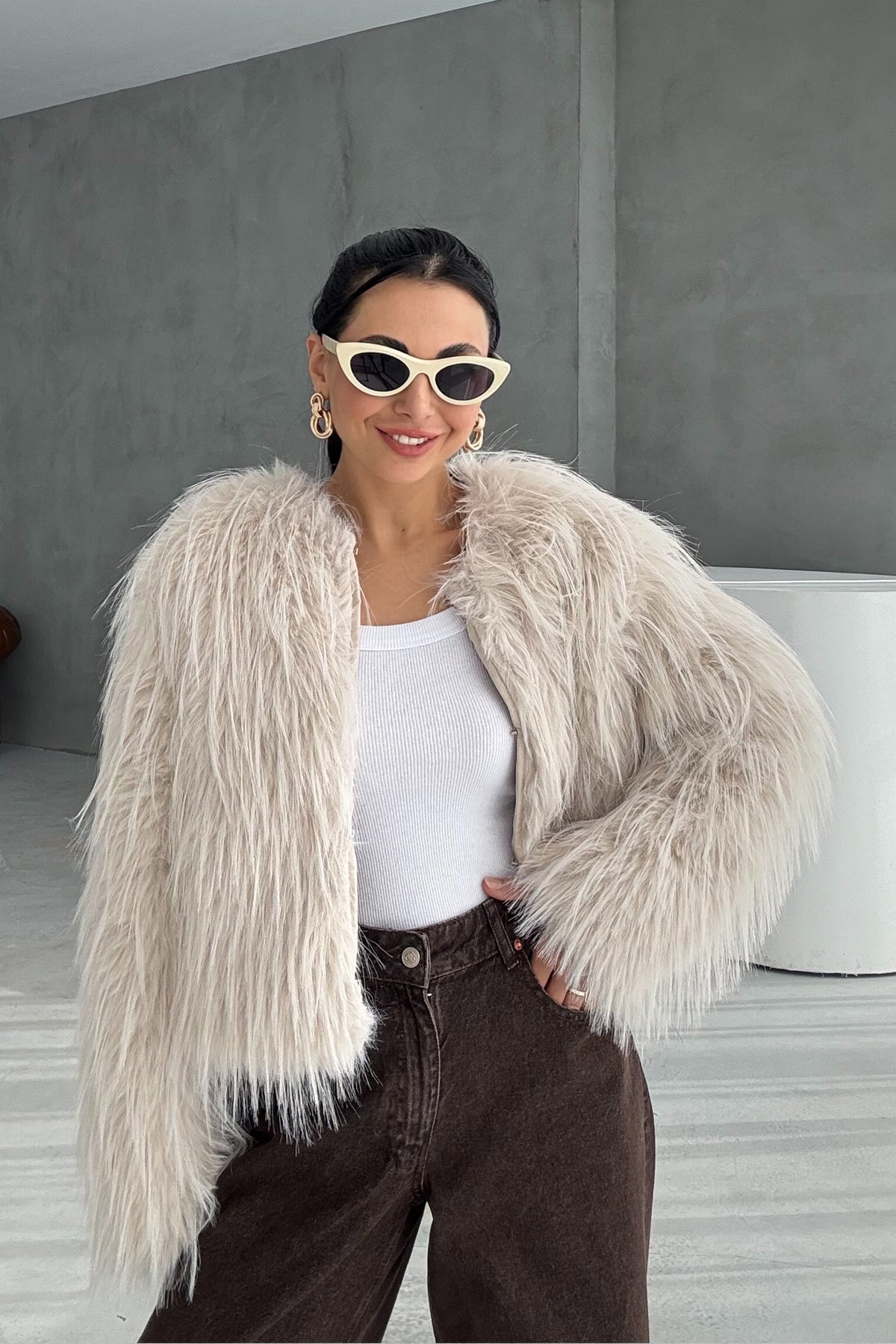 Ekru Saçaklı Kürk Ceket SY-3388-Ekru