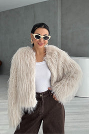 Ekru Saçaklı Kürk Ceket SY-3388-Ekru