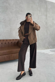 Kahve Yakası Kürk Detaylı Trençkot SY-3449-Kahve