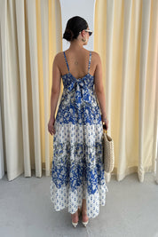 Mavi Desenli Gipeli Midi Boy Elbise SY-3305-Mavi