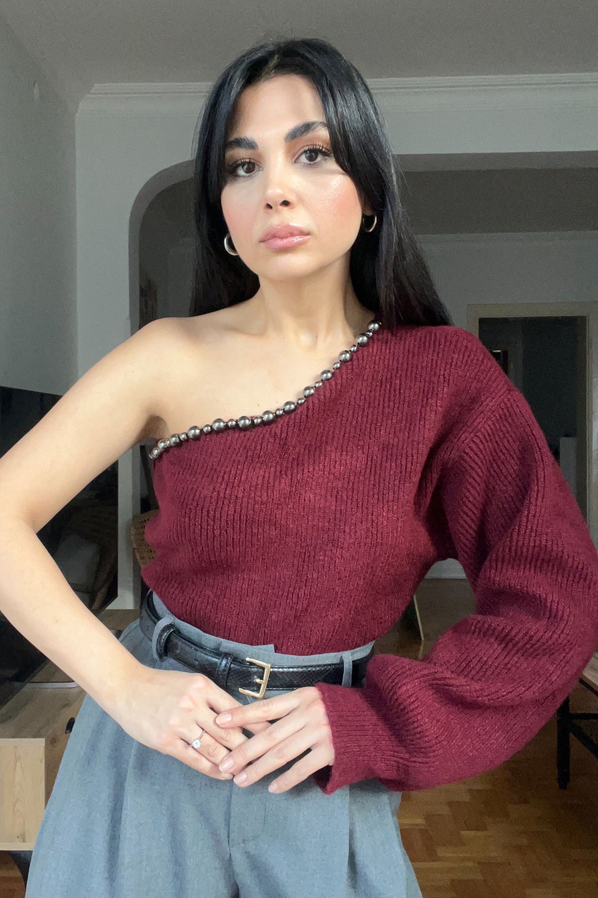 Bordo Tek Omuz Boncuk Detay Triko Kazak SY-2815-Bordo