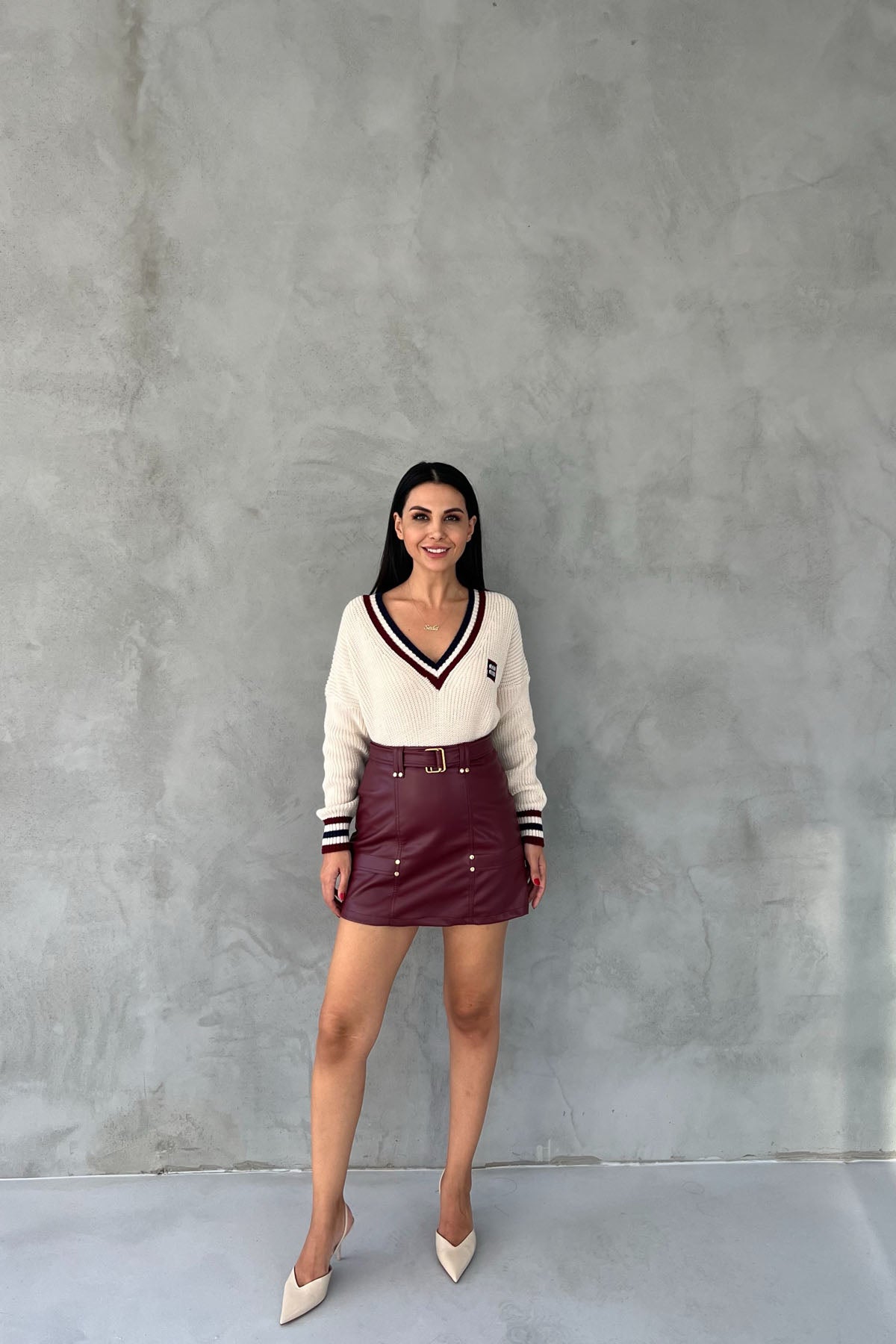 Bordo Kemerli Gizli Cep Detaylı Deri Etek SY-2485-Bordo