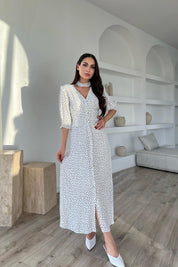 Ekru Puantiyeli Arka Bel ve Kol Ucu Gipeli Elbise SY-1727-Ekru