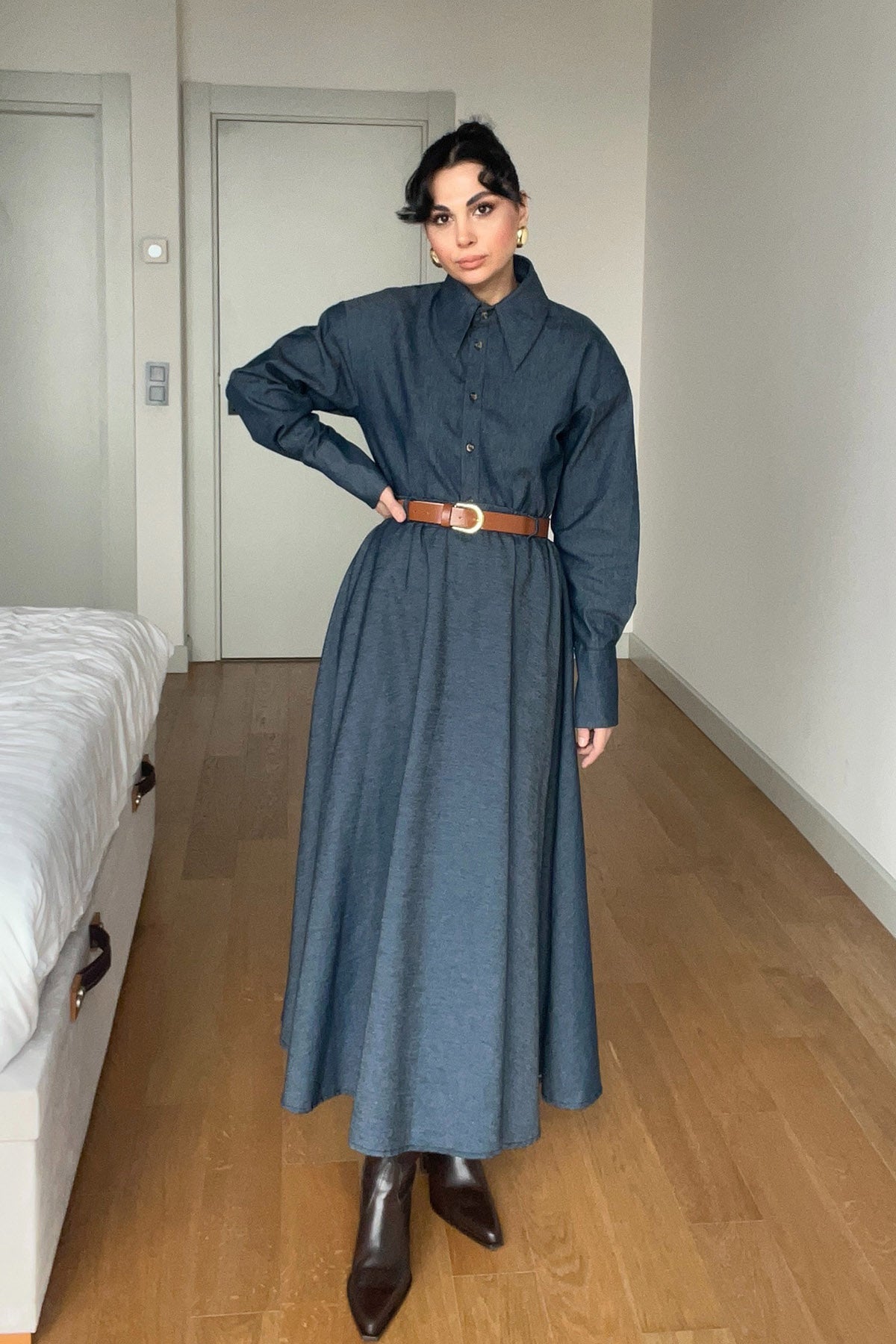 Denim Kemerli Kloş Etek ve Denim Gömlek Takım SY-2997-Mavi