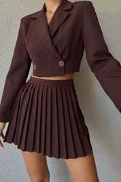 Acı Kahve Crop Ceket ve Piliseli Şort Etek Takım SY-0934-Acı Kahve