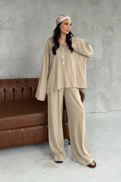 Haki Keten Polo Yaka Gömlek Pantolon Takım SY-3118-Haki