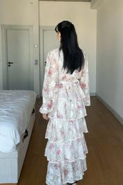 Pembe Çiçek Desenli Valonlu Şerit Detaylı Kat Kat Elbise SY-1747-Pembe