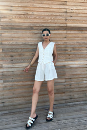 Ekru Sırt Detaylı Yelek Şort Keten Takım SY-2186-Ekru