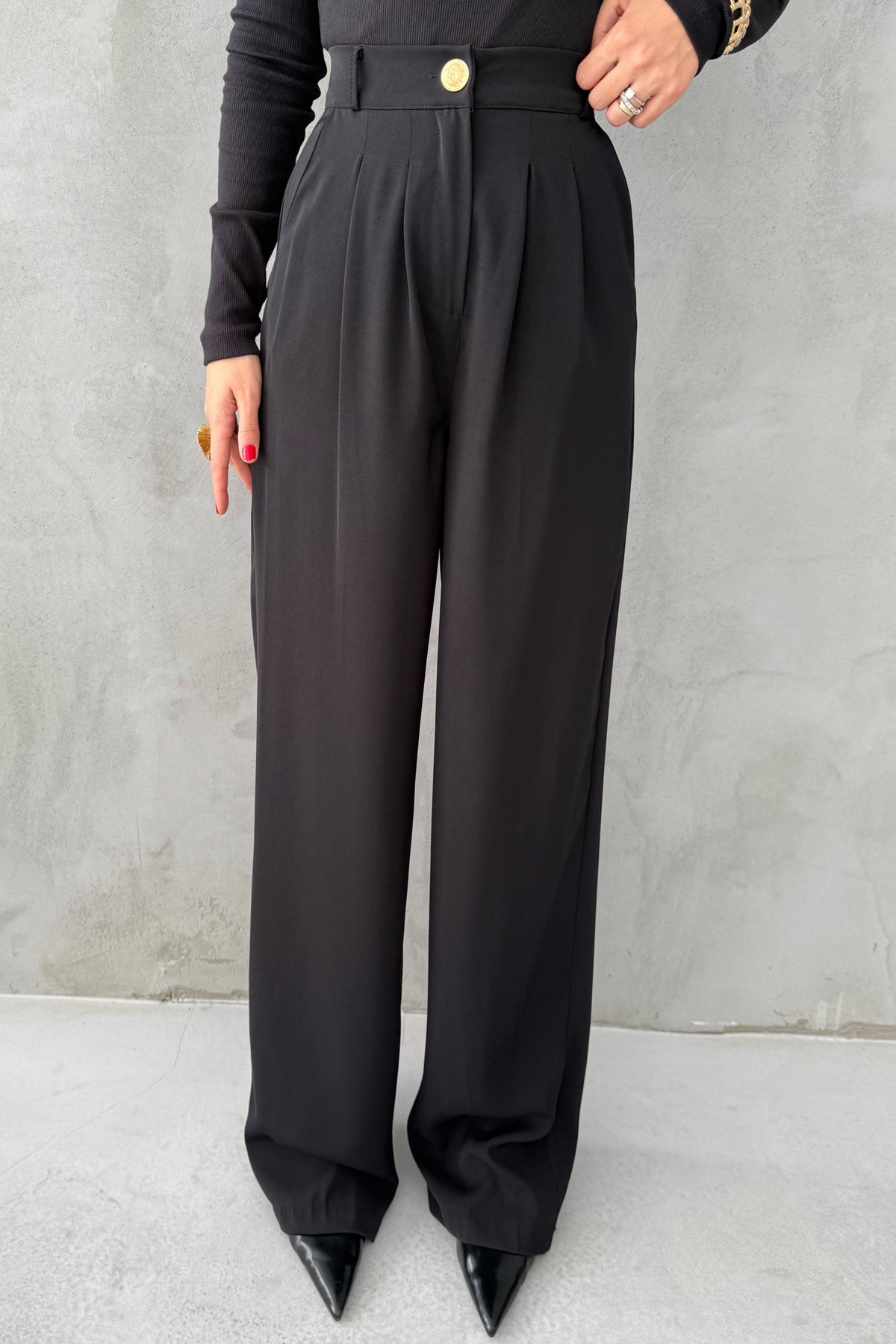 Siyah Gold Düğme Detaylı Palazzo Pantolon SY-3424-Siyah