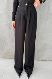 Siyah Gold Düğme Detaylı Palazzo Pantolon SY-3424-Siyah