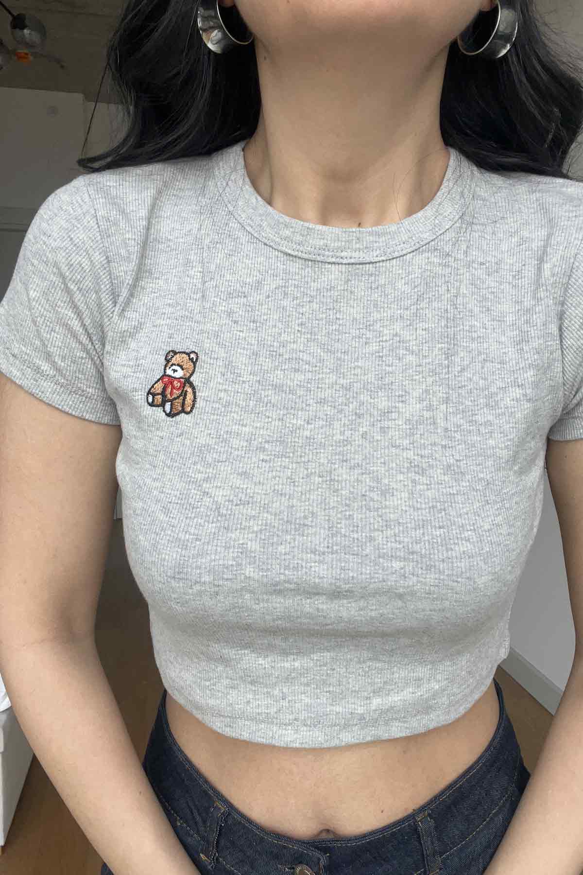 Gri Ayıcık Nakışlı Crop SY-2971-Gri