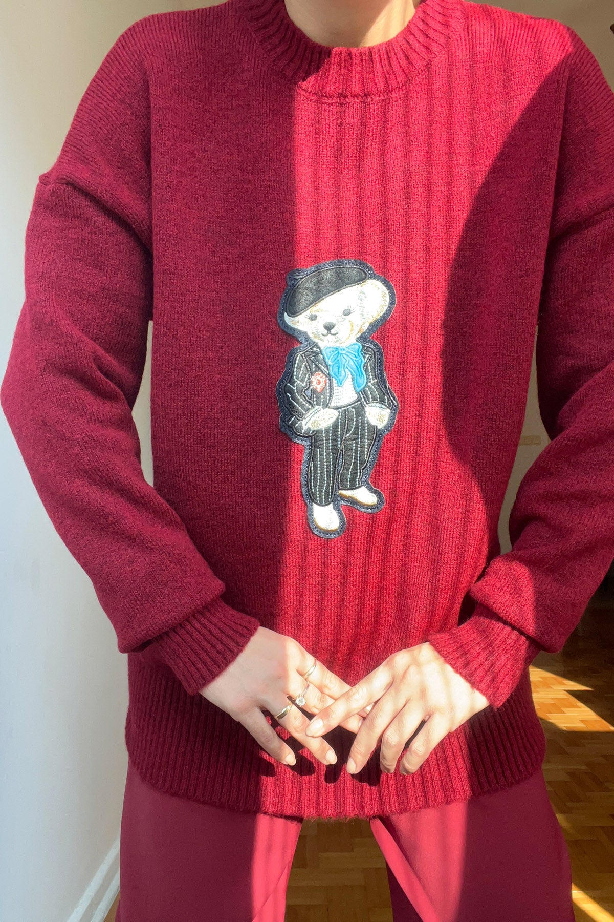 Bordo Teddy Bear Nakışlı Triko Kazak SY-2839-Bordo