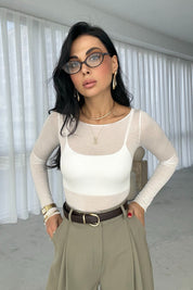 Kayık Yaka Kaşmir Ekru Transparan Body SY-3425-Ekru