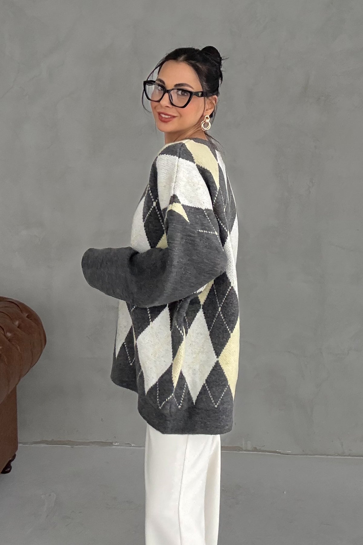 Antrasit ve Sarı Renkli Baklava Desenli Kazak SY-3408-Antrasit