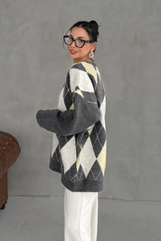 Antrasit ve Sarı Renkli Baklava Desenli Kazak SY-3408-Antrasit