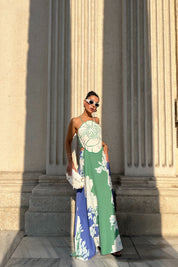 Renkli Positano Sırt Bağlamalı ve Çiçek Desenli Keten Elbise SY-2320-Renkli